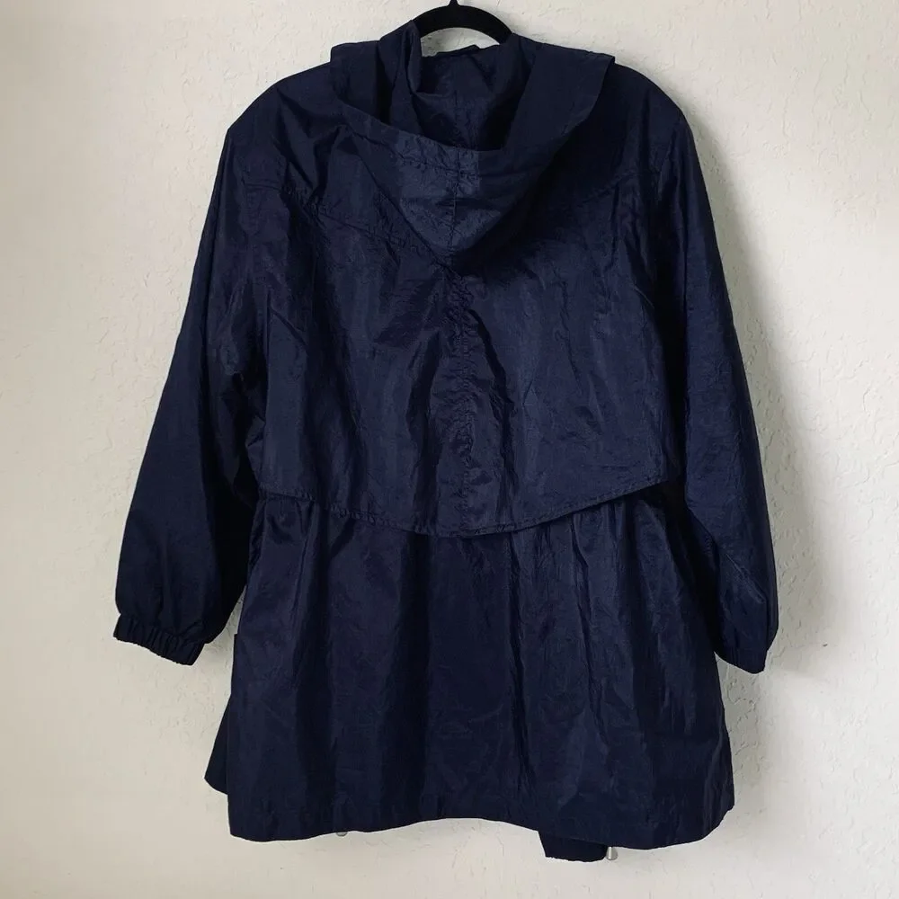 Vintage Izzi Activewear Jacket Women M Navy Blue Windbreaker Hood Cinch Waist 90